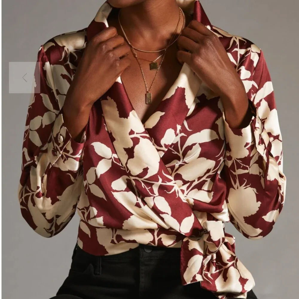 Anthropologie Burgundy and Cream Floral Blouse - Picture 2 of 7